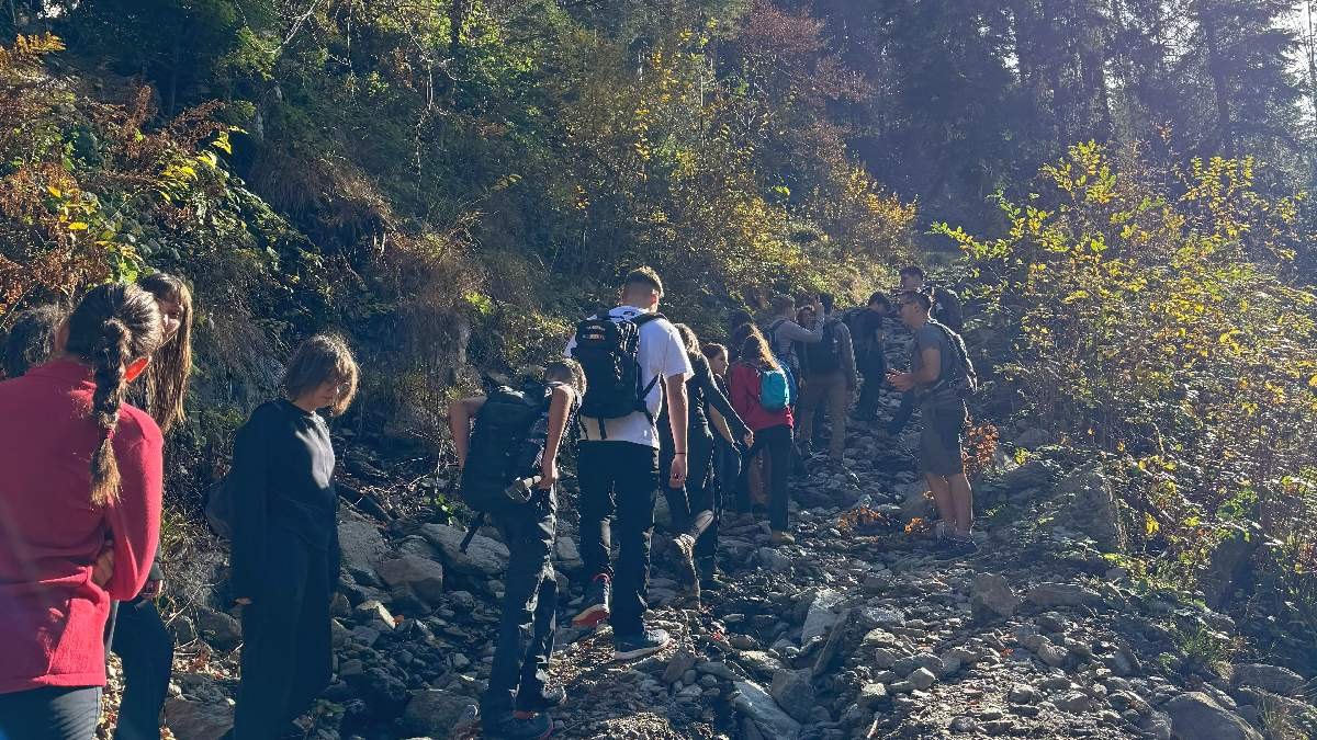 Grup de participanți pe traseu forestier